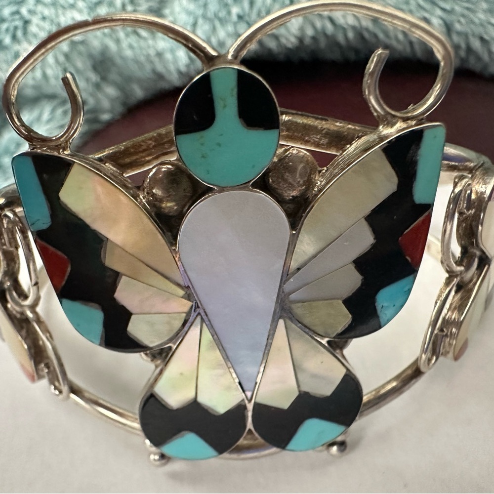 Zuni Handmade Sterling Silver Butterfly Cuff Bracelet Multicolor 7"